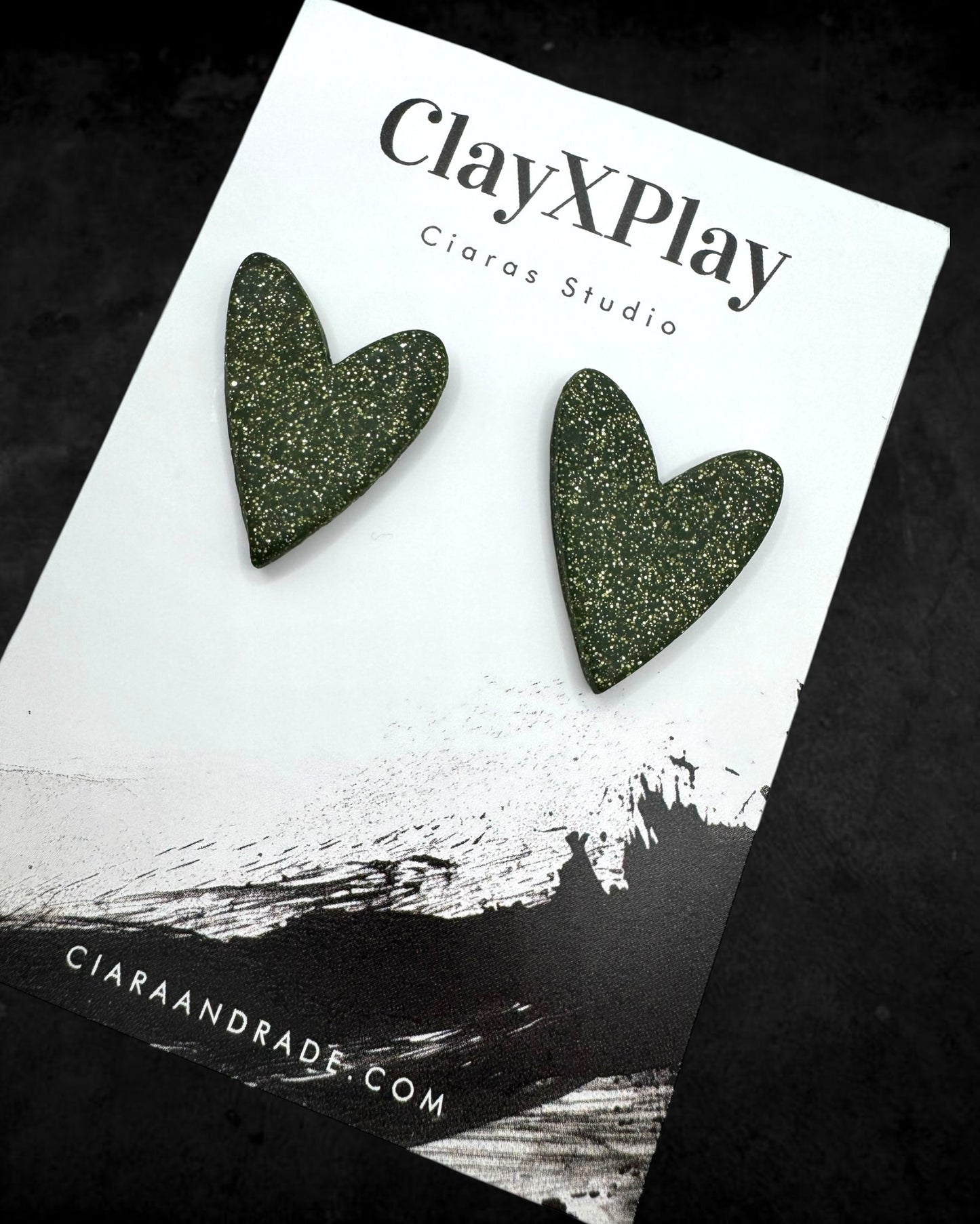 Green Glitter Large Green Polymer Clay Heart Stud Earrings Handmade