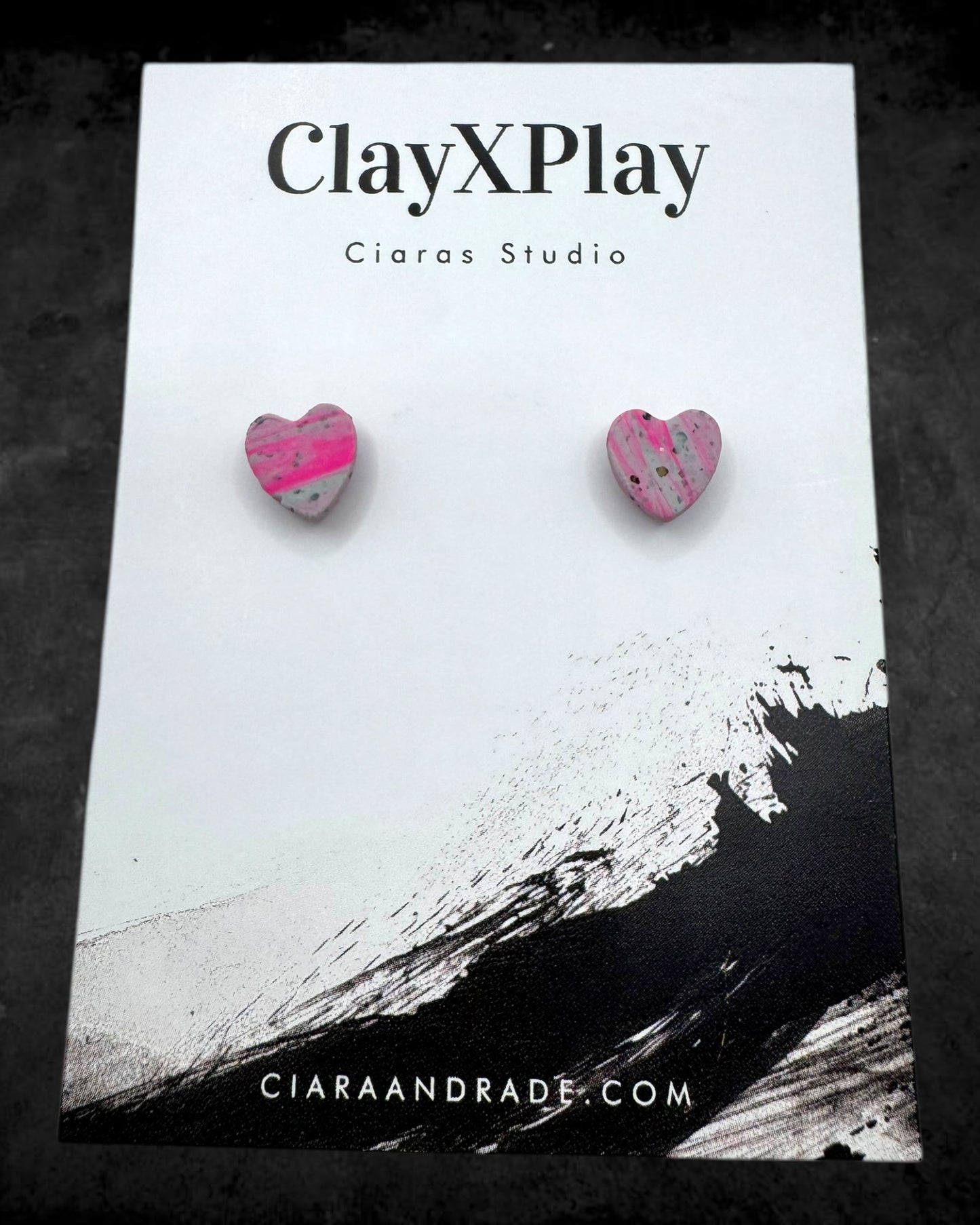 Pink & Gray Mini Heart Polymer Clay Stud Earrings Handmade