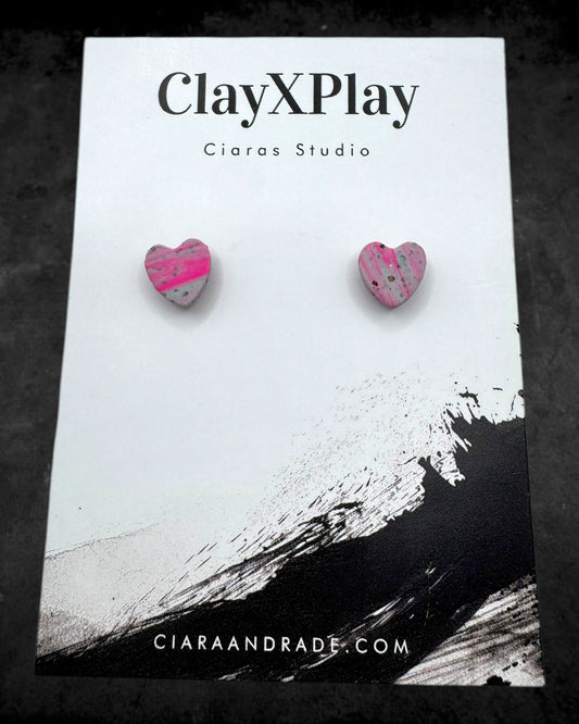 Pink & Gray Mini Heart Polymer Clay Stud Earrings Handmade