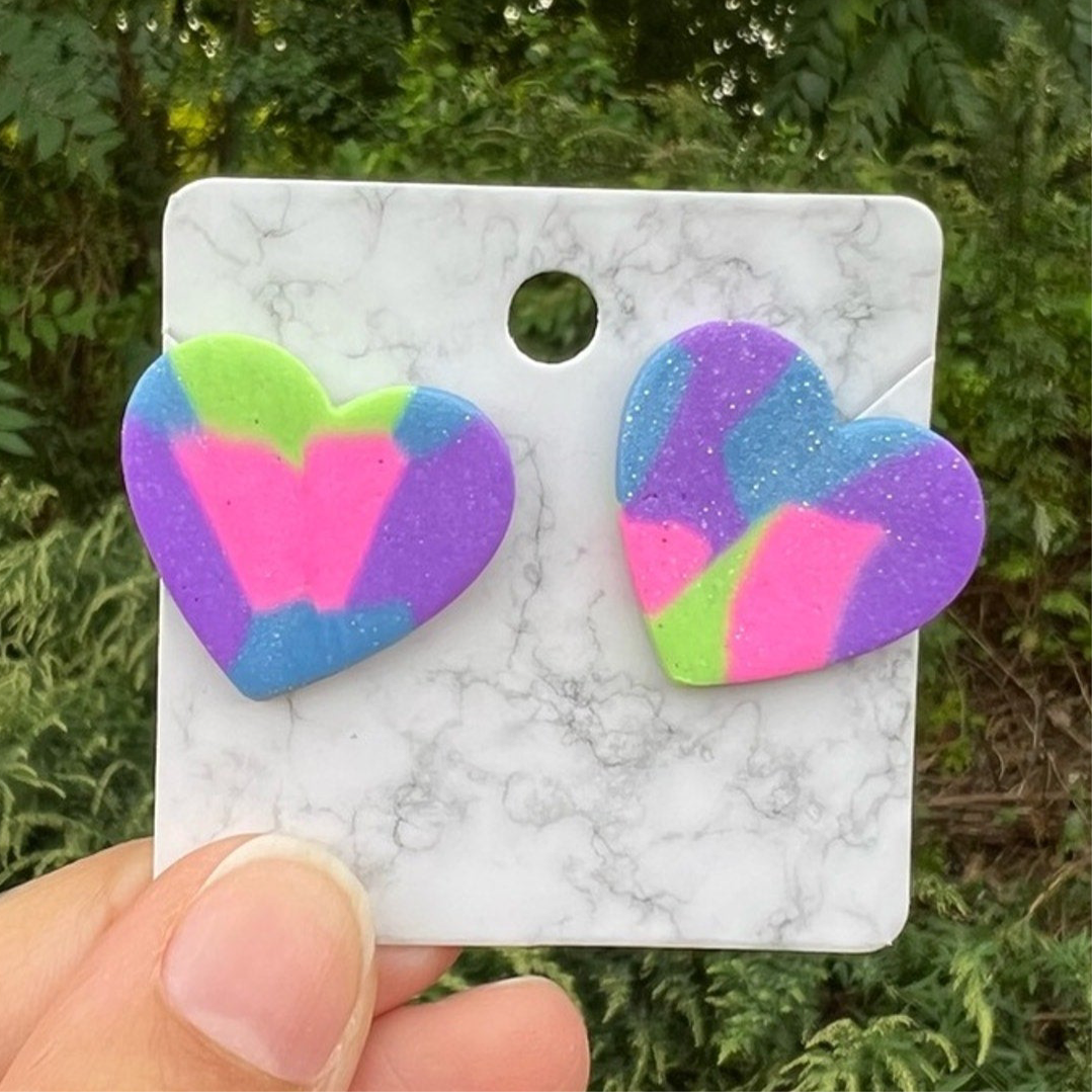 Multi Color‎ Purple Green Blue XL Heart Clay Stud Earrings Handmade Handcrafted