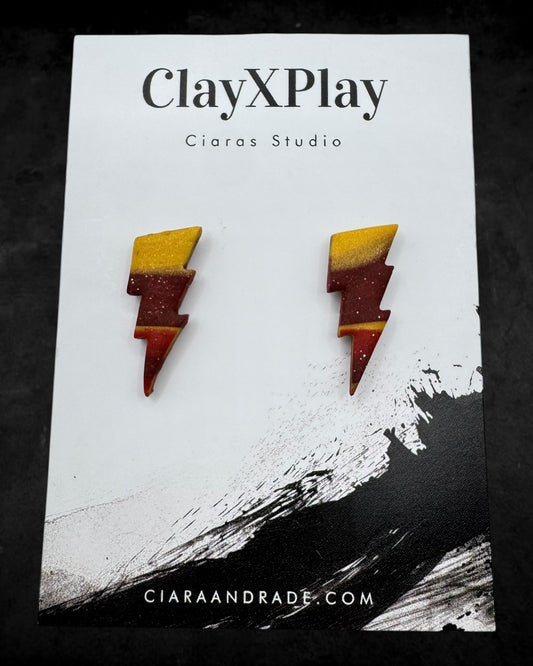 Lightning Bolt Red & Yellow Small Polymer Clay Stud Earrings Handmade