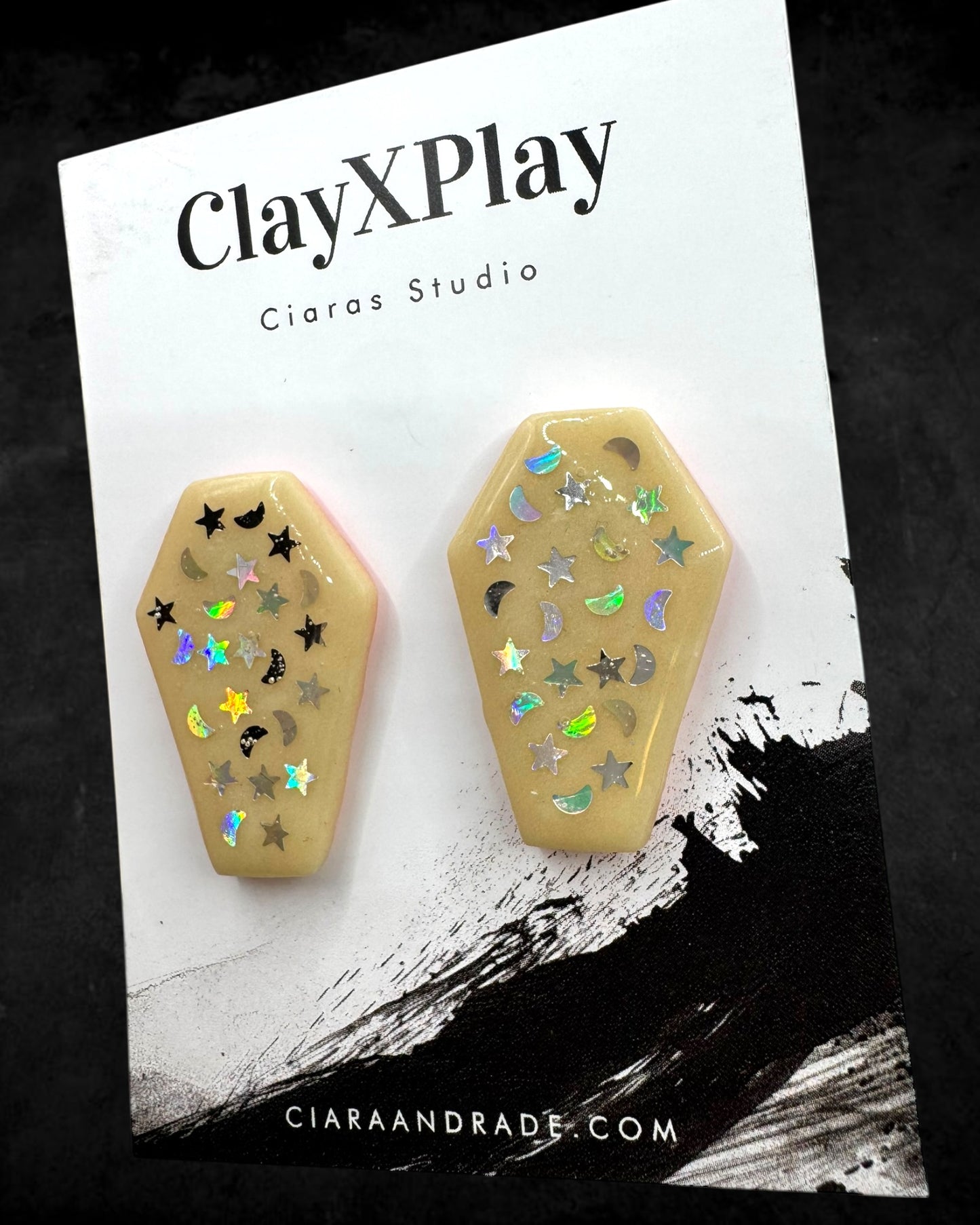 Coffin Glow In The Dark Starry Night Yellow Polymer Clay Stud Earrings Handmade