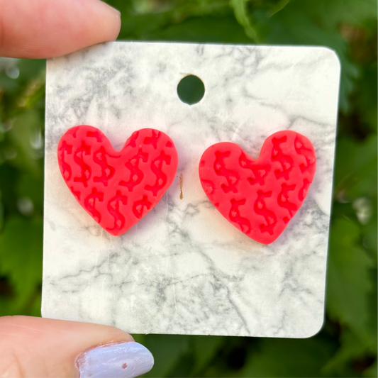 Money Magic Hot Pink Medium Polymer Clay Heart Stud Earrings Handmade