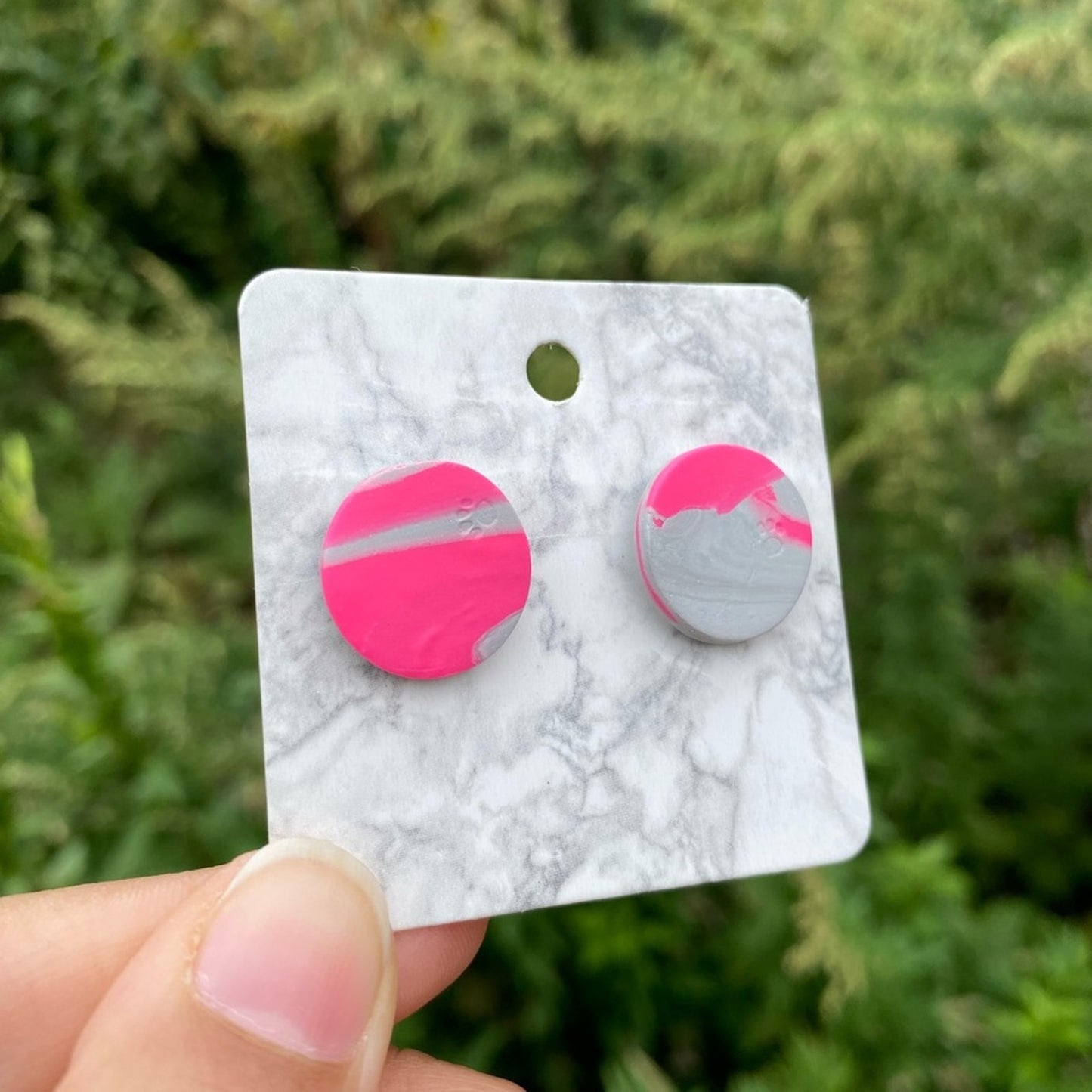 Pink & Gray Round Handmade Polymer Clay Stud Earrings