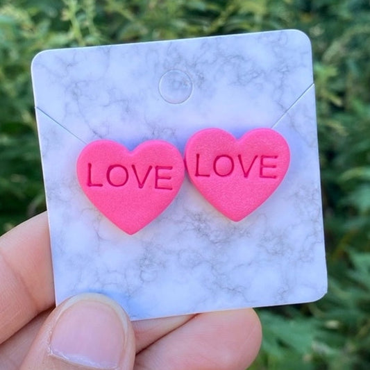 Conversation Heart LOVE Valentines Day Medium Pink Polymer Clay Heart Stud Earrings Handmade