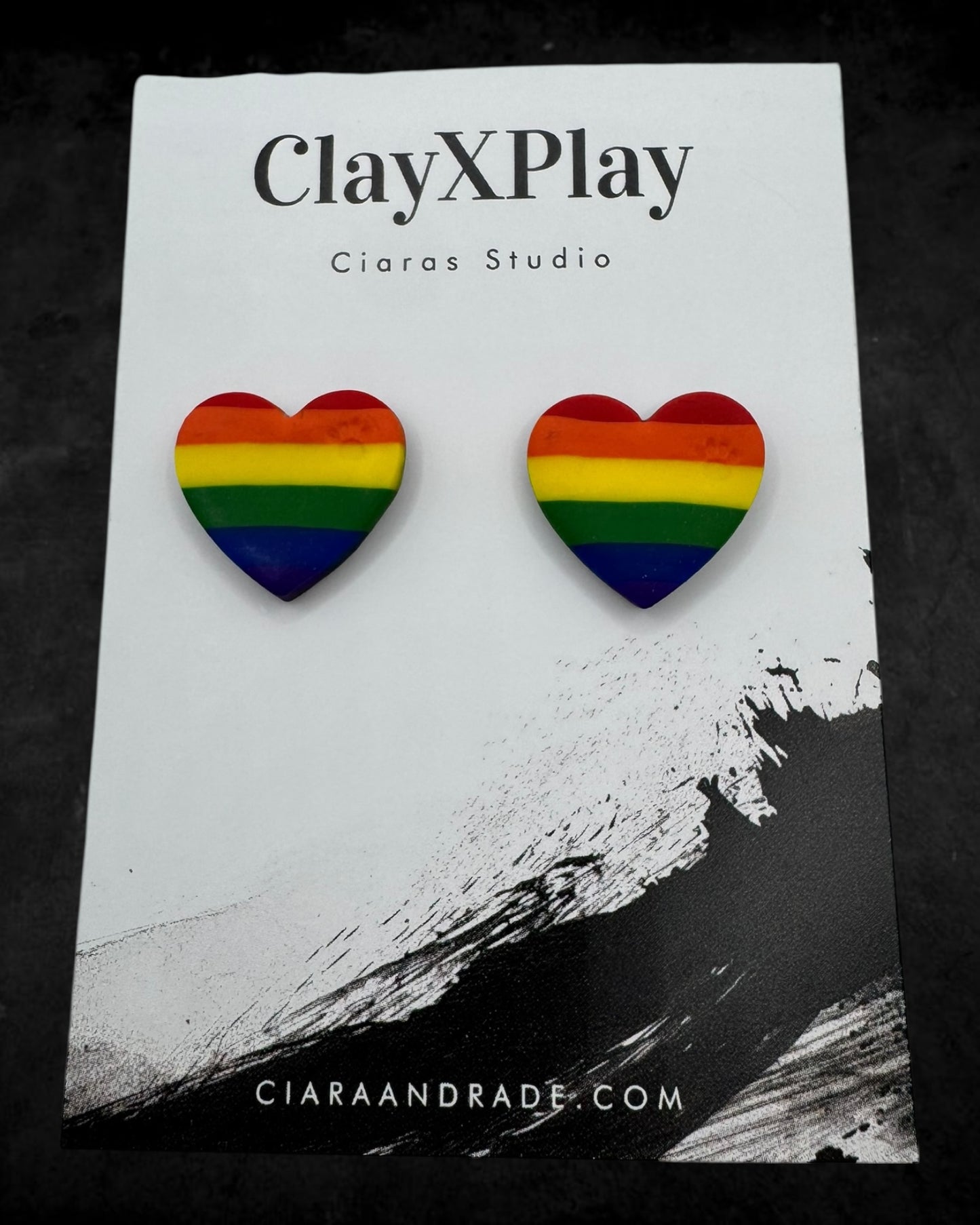 Rainbow Medium Polymer Clay Heart Stud Earrings Handmade