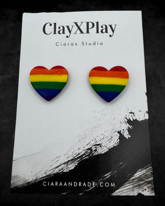 Rainbow Medium Polymer Clay Heart Stud Earrings Handmade