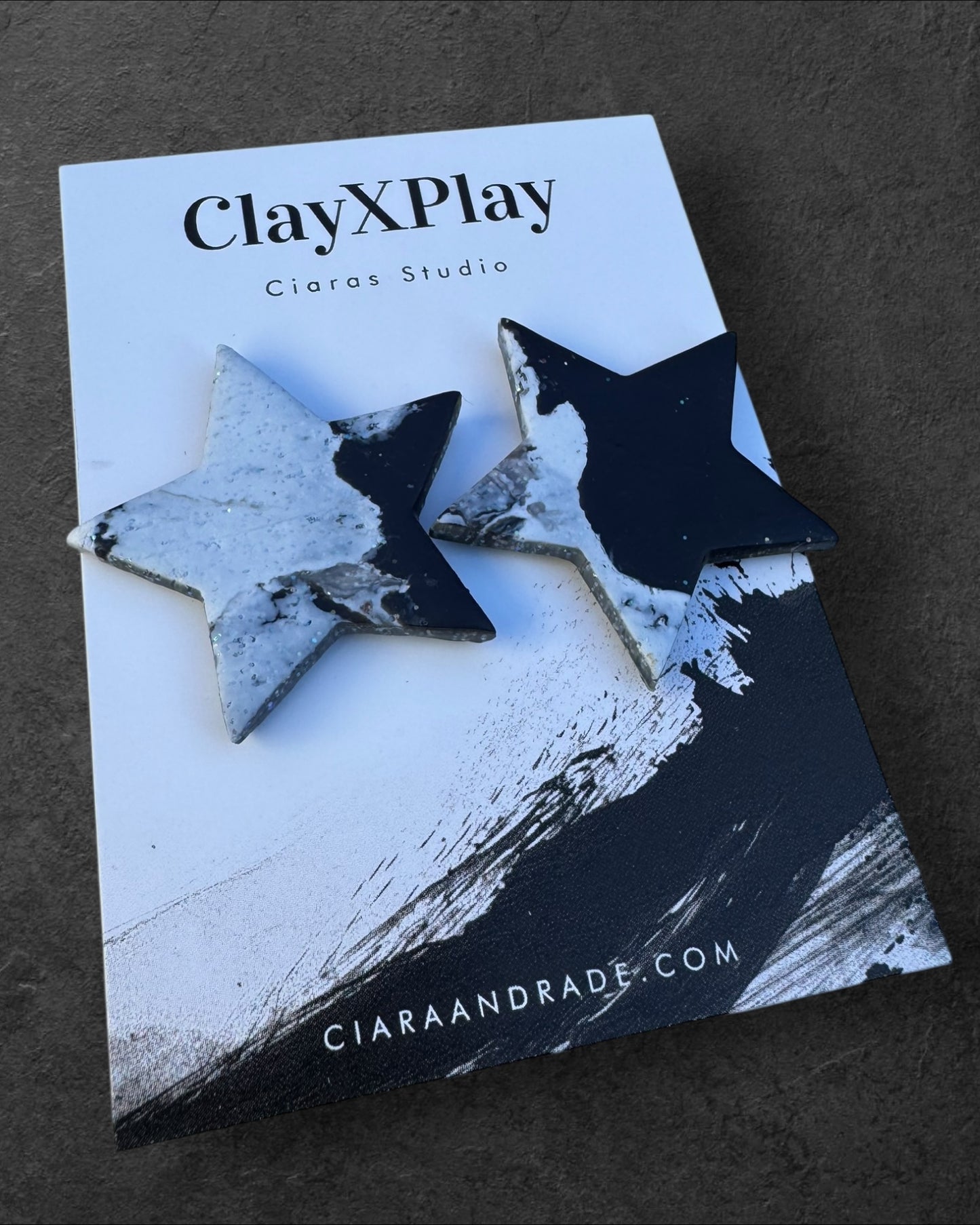 Black & White Marbled Star Polymer Clay XL Stud Earrings Handmade