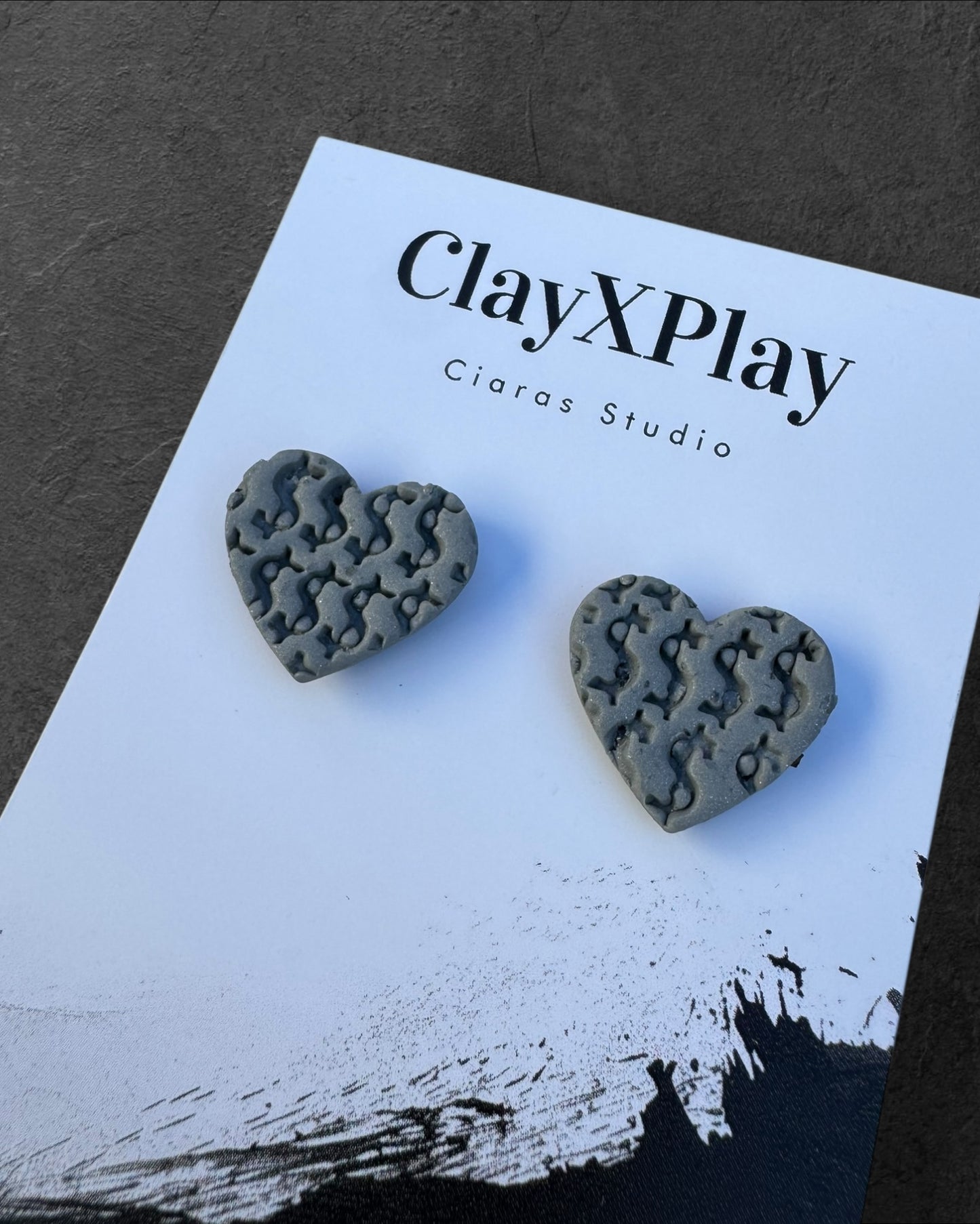 Money Magic Gray Medium Polymer Clay Heart Stud Earrings Handmade