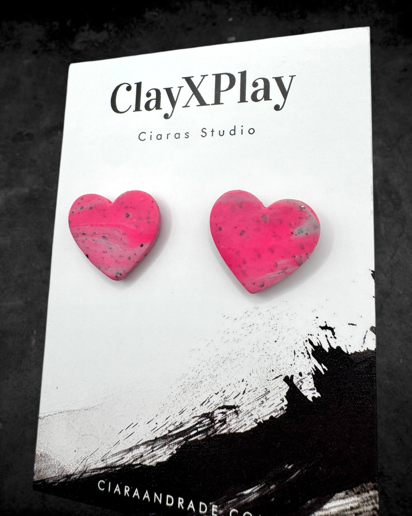 Pink & Gray Medium Polymer Clay Heart Studs Handmade