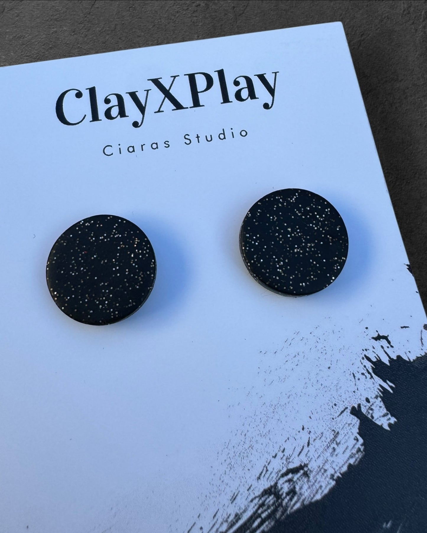 Black Glitter Medium Polymer Clay Round Stud Earrings