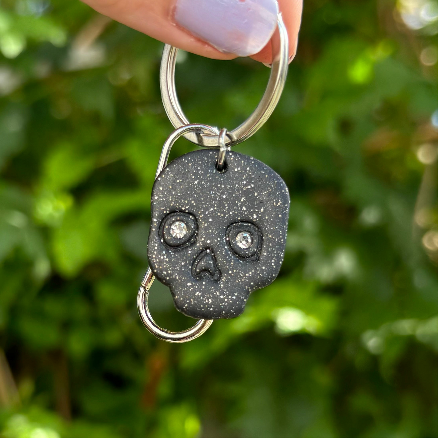 Diamond Eyes Skull Black Polymer Clay Keychain Handmade