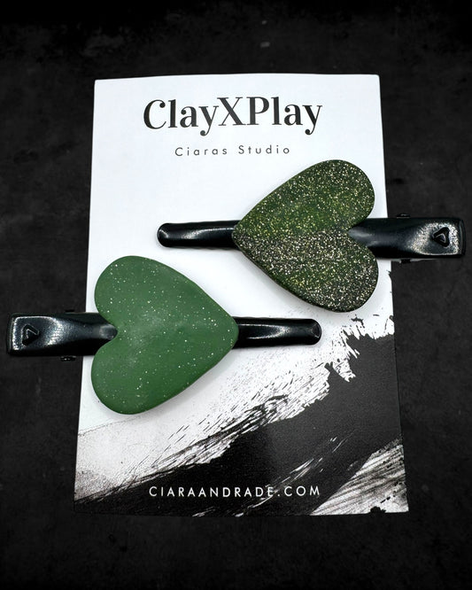 Two Green Glitter Polymer Clay Heart Hair Clip – Handmade Hair Accessory