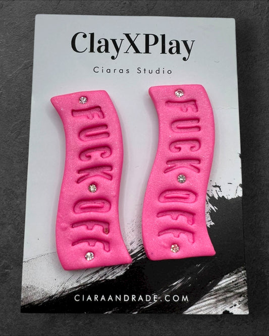Fuck Off Pink Polymer Clay Curved Stud Earrings – XL Handmade Statement