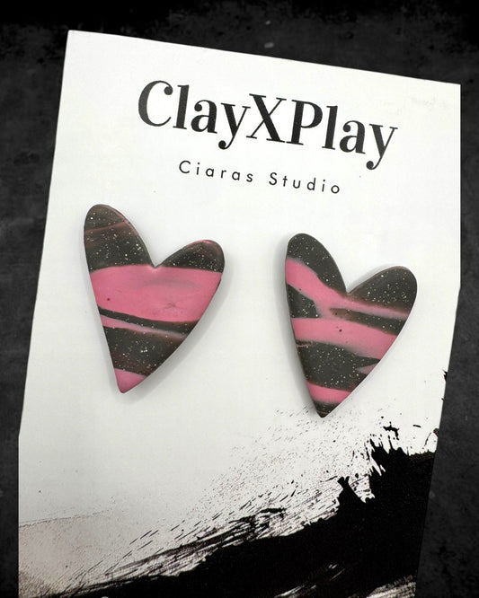 Pink & Gray Marbled Heart Handmade Polymer Clay Stud Earrings