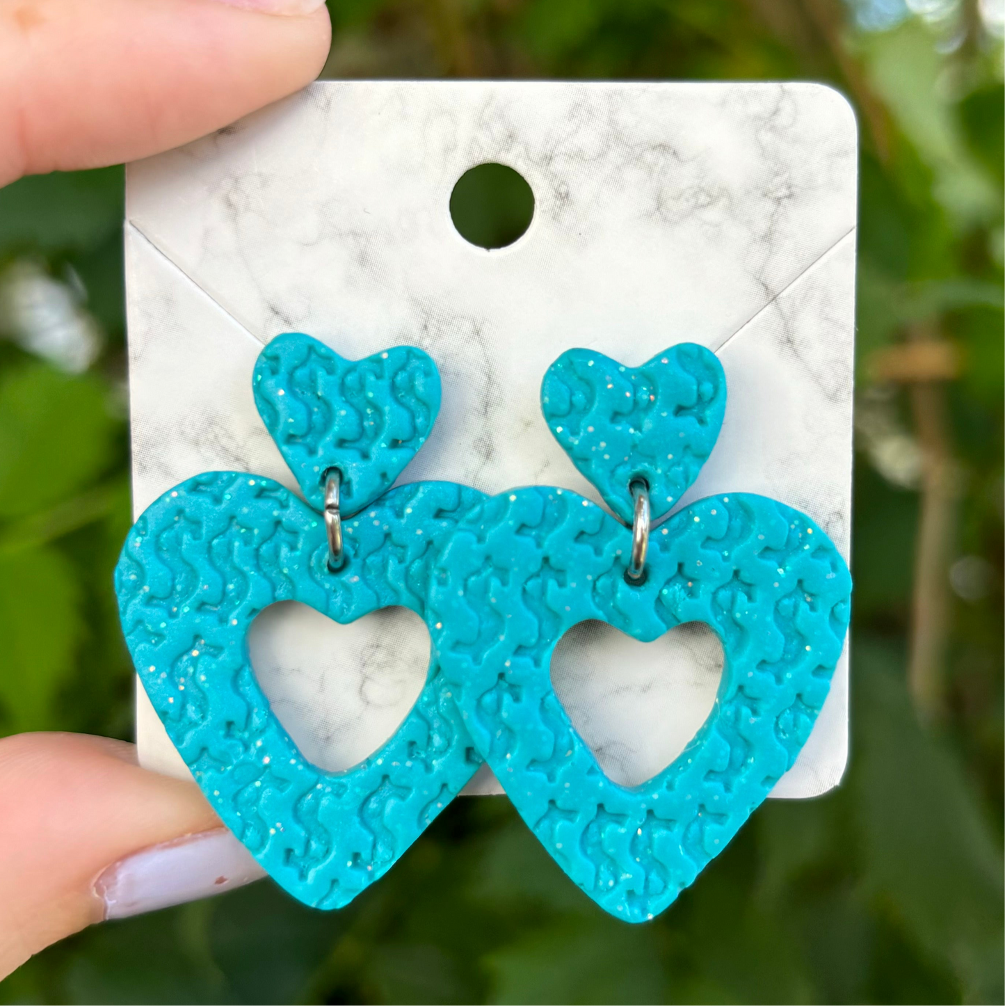 Money Magic X Large Blue Polymer Clay Heart Dangle Earrings Handmade