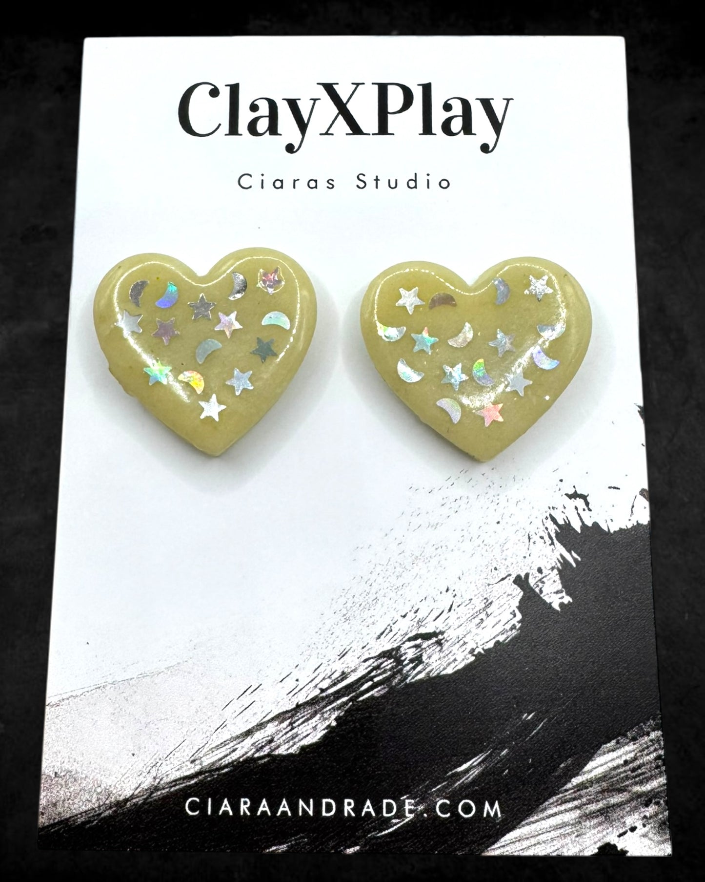 Starry Night Heart Yellow Polymer XL Clay Stud Earrings