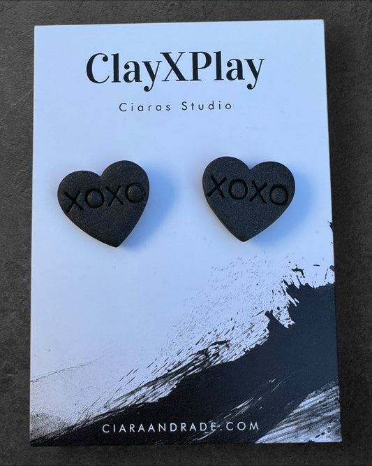 Conversation Heart XOXO Valentine’s Day, Medium Black Polymer Clay Stud Earrings Handmade