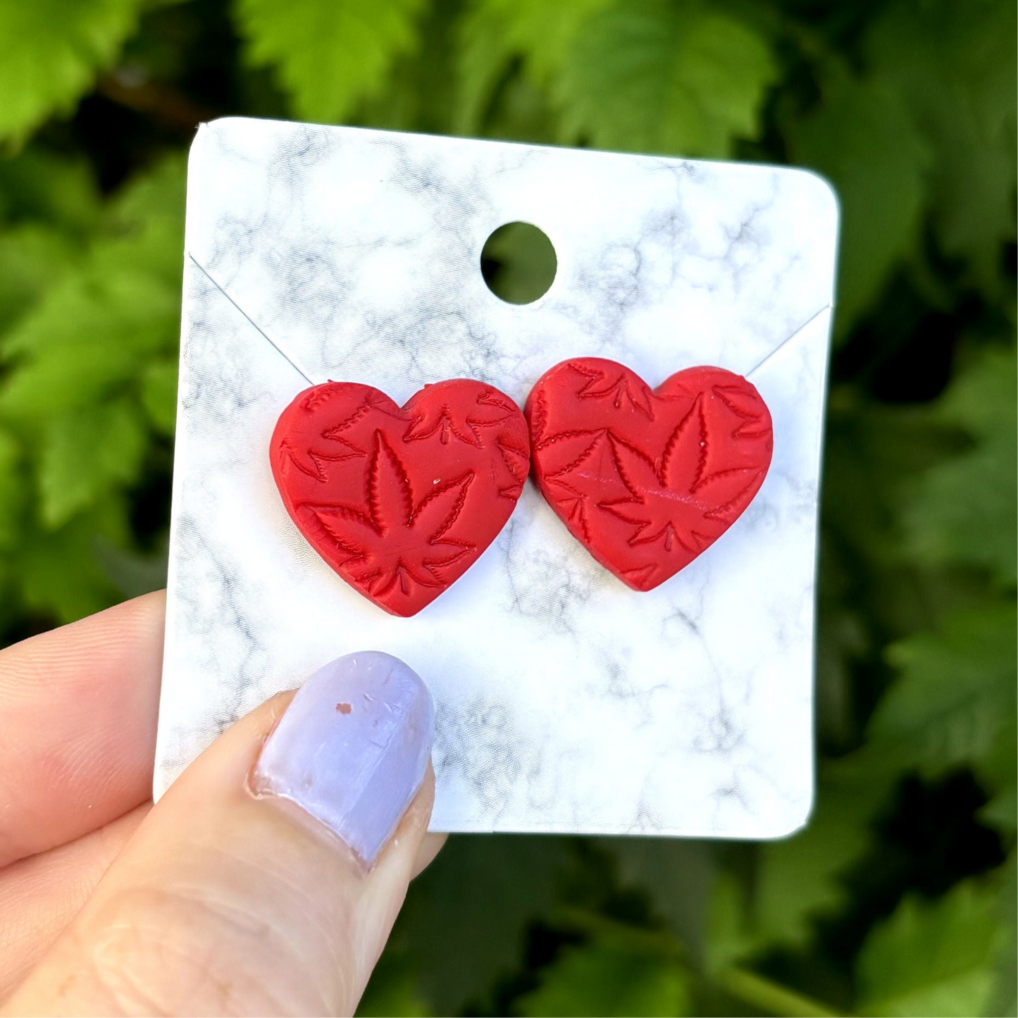 Medicated 420 Red Medium Polymer Clay Heart Stud Earrings Handmade