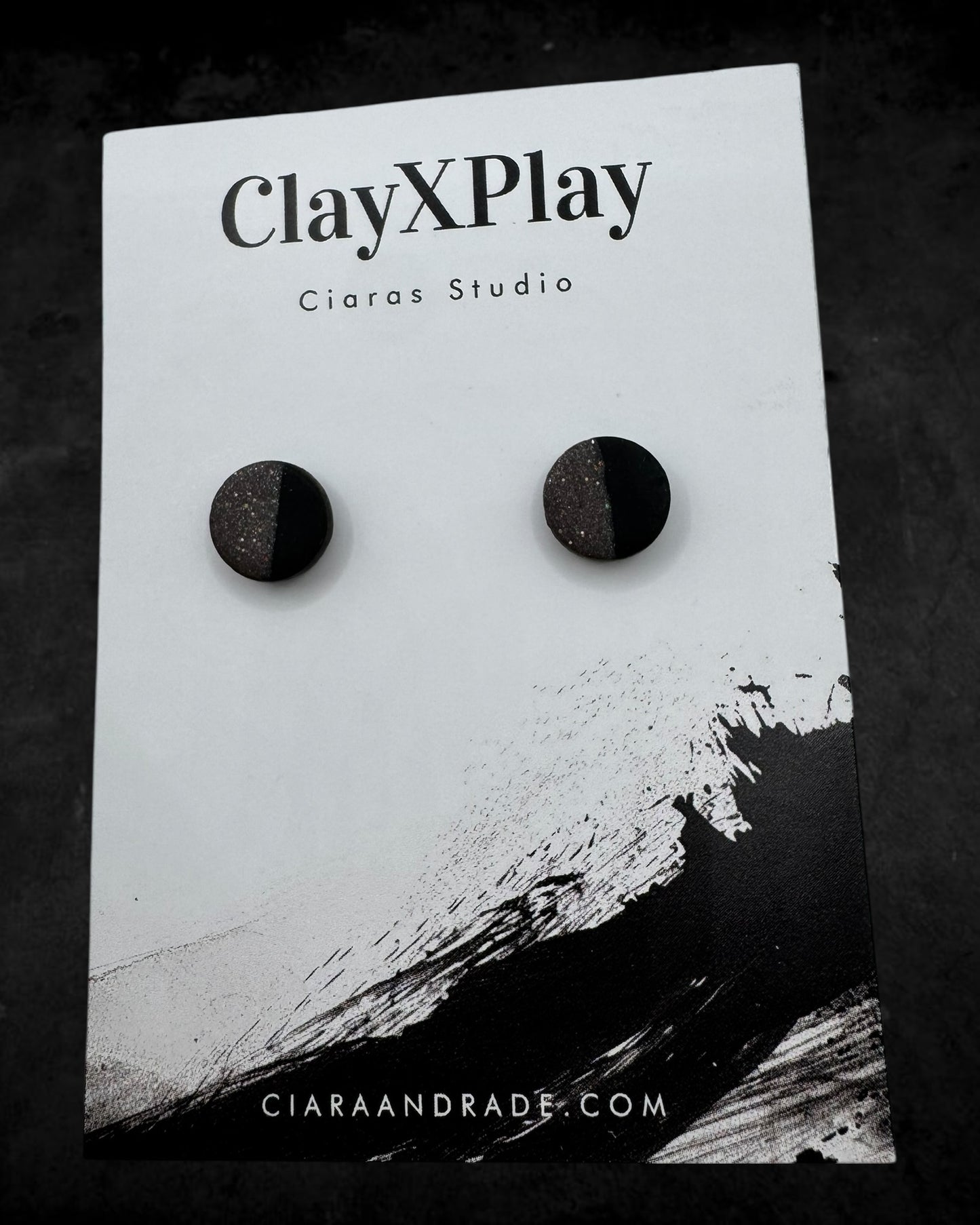 Black & Gray Mini Round Polymer Clay Stud Earrings Handmade