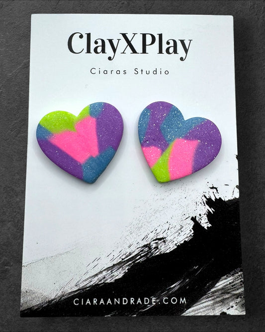 Multi Color‎ Purple Green Blue XL Heart Clay Stud Earrings Handmade Handcrafted