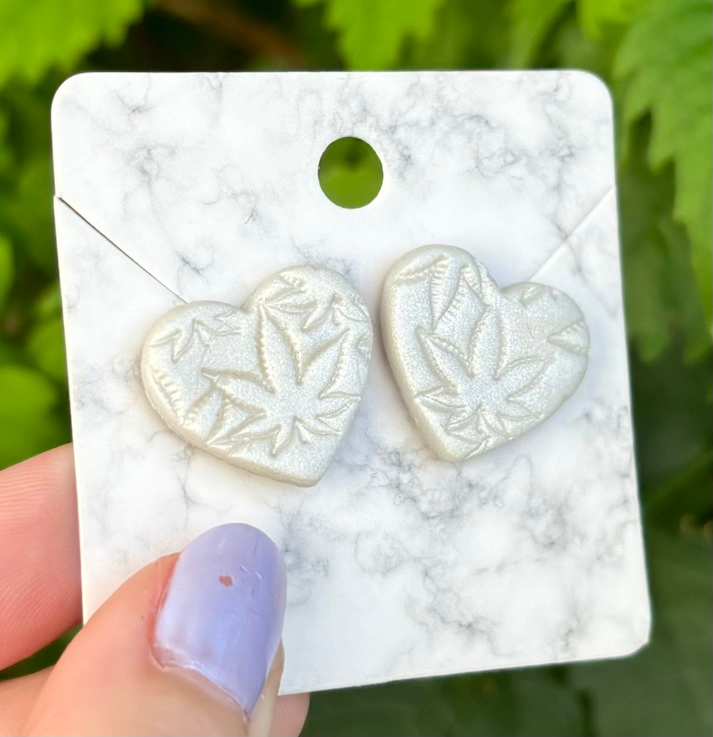 Medicated 420 Medium Pearl Polymer Clay Heart Stud Earrings Handmade