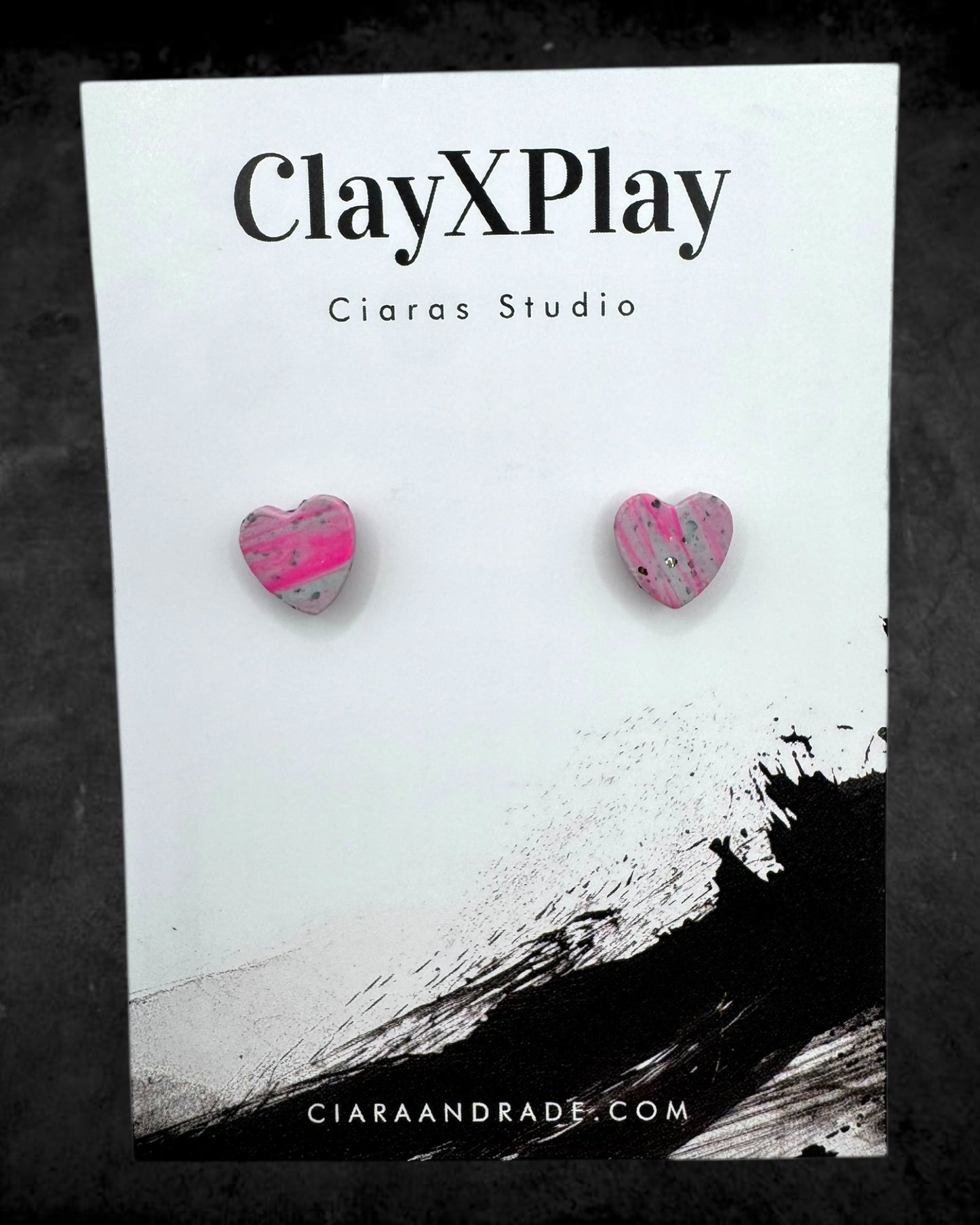 Pink & Gray Mini Heart Polymer Clay Stud Earrings Handmade