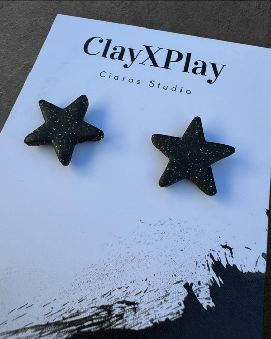 Black Glitter Small Star Polymer Clay Stud Earrings Handmade