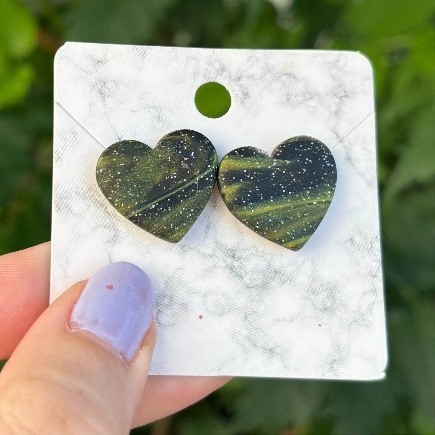 Marbled Black & Green Medium  Clay Heart Stud Earrings  Handmade