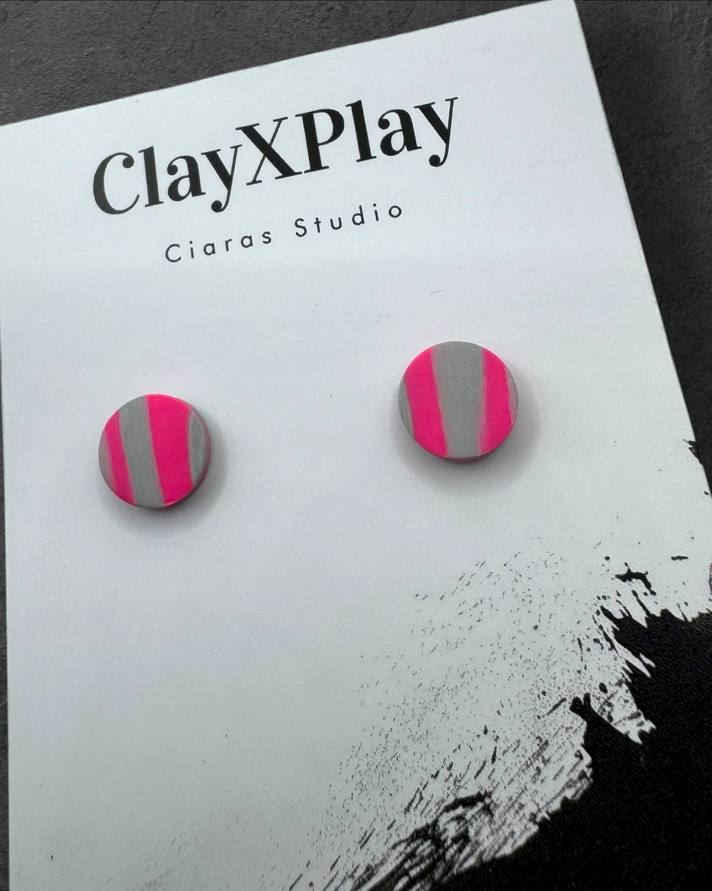 Pink & Gray Mini Round Polymer Clay Stud Earrings Handmade
