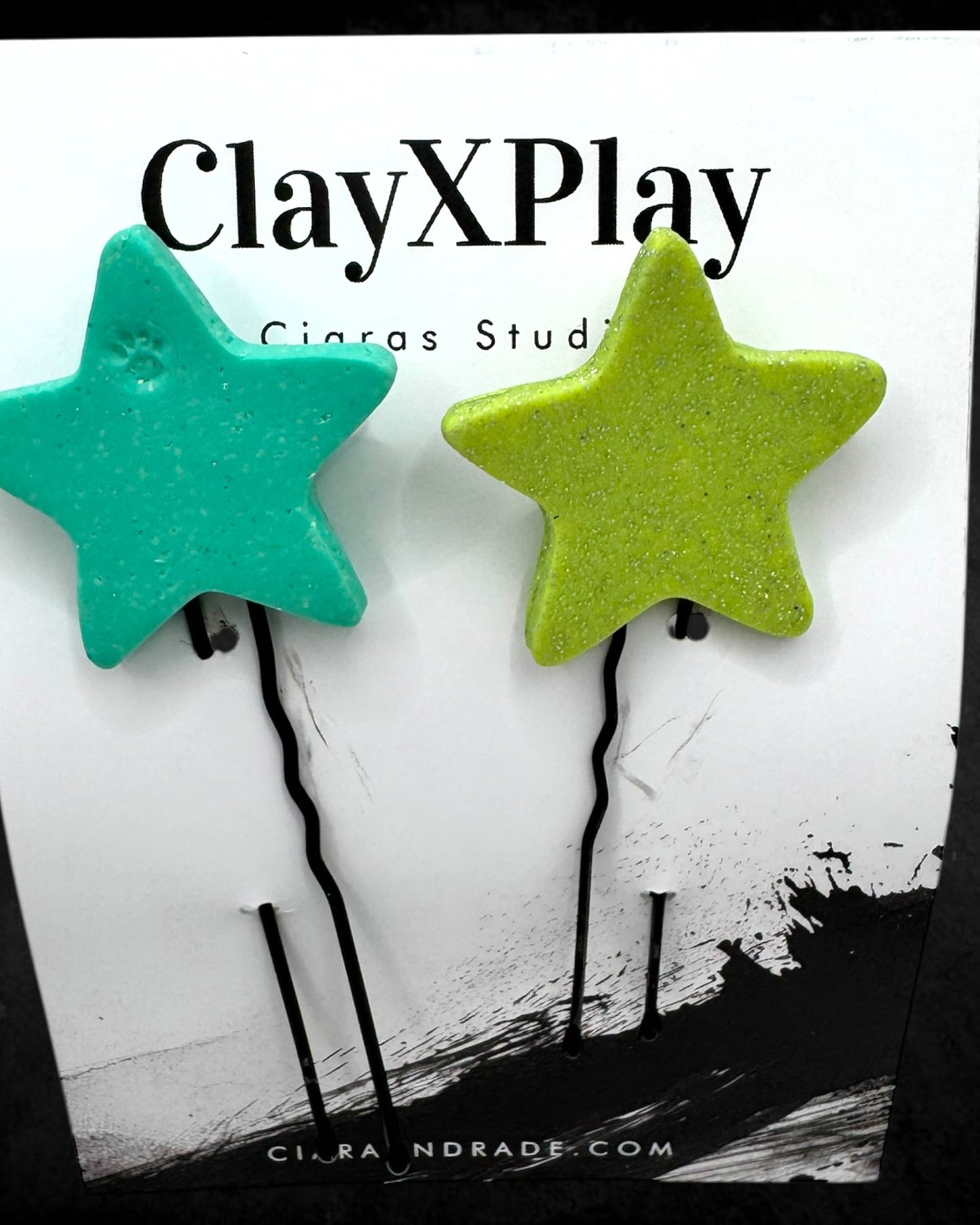 Star Green & Teal Polymer Clay Hair Pins Handmade