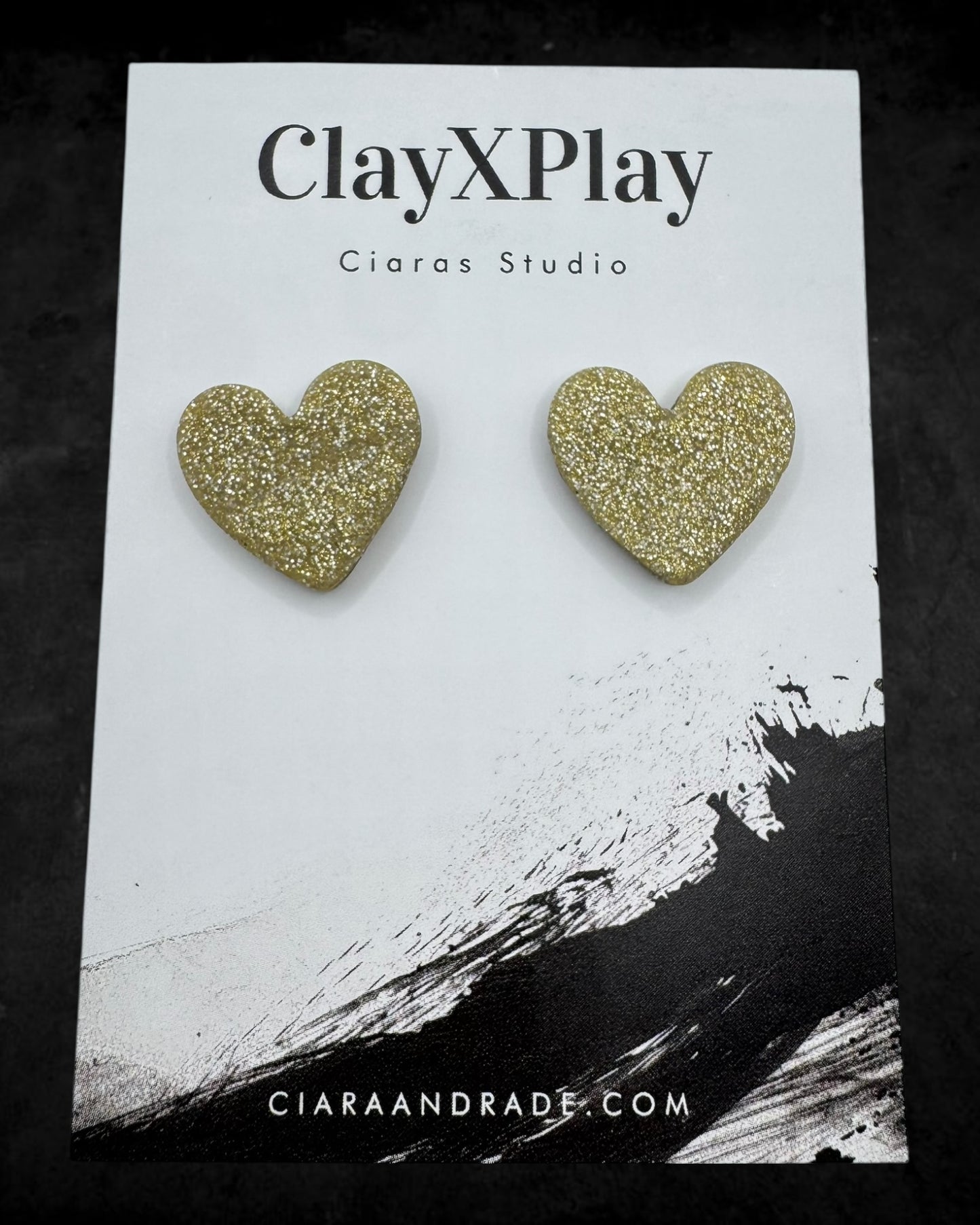 Gold Glitter Polymer Clay Medium Heart Stud Earrings – Handmade Elegance