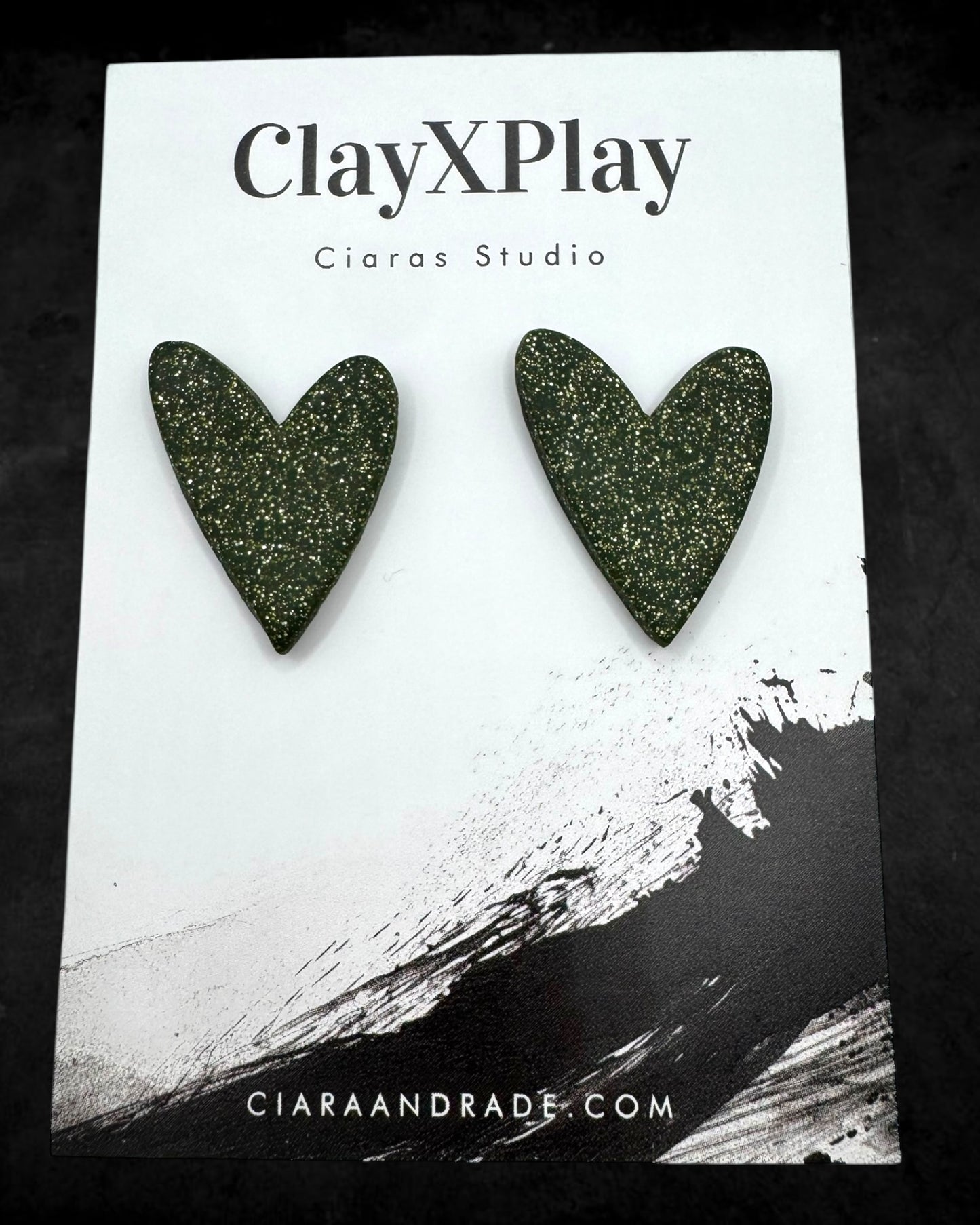 Green Glitter Large Green Polymer Clay Heart Stud Earrings Handmade