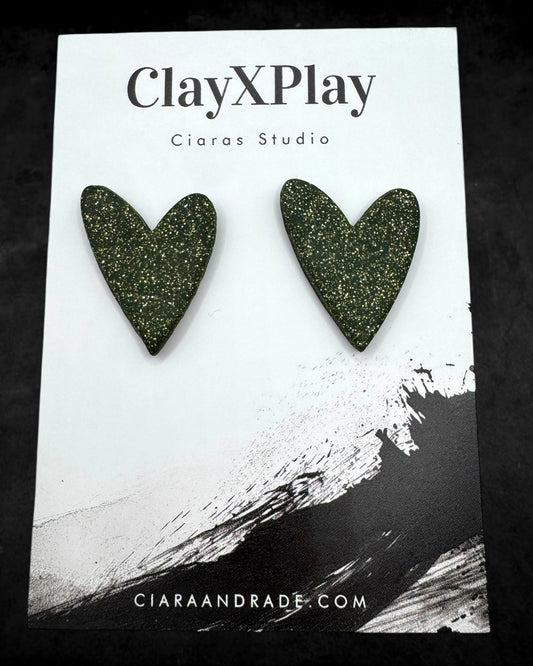 Green Glitter Large Green Polymer Clay Heart Stud Earrings Handmade