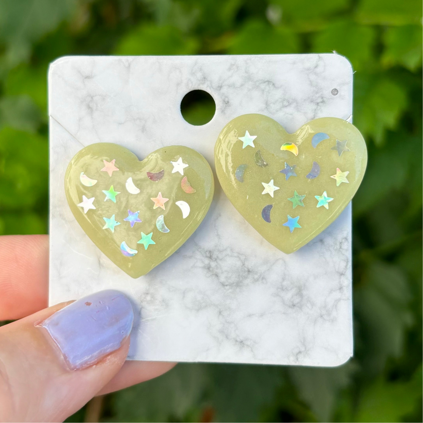 Starry Night Heart Yellow Polymer XL Clay Stud Earrings