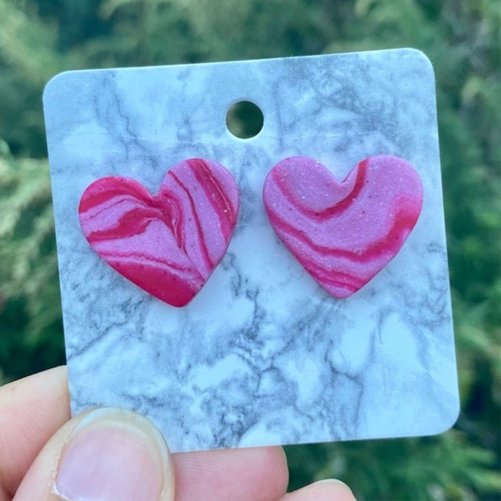 Pink & Red Medium Polymer Clay Heart Studs Handmade