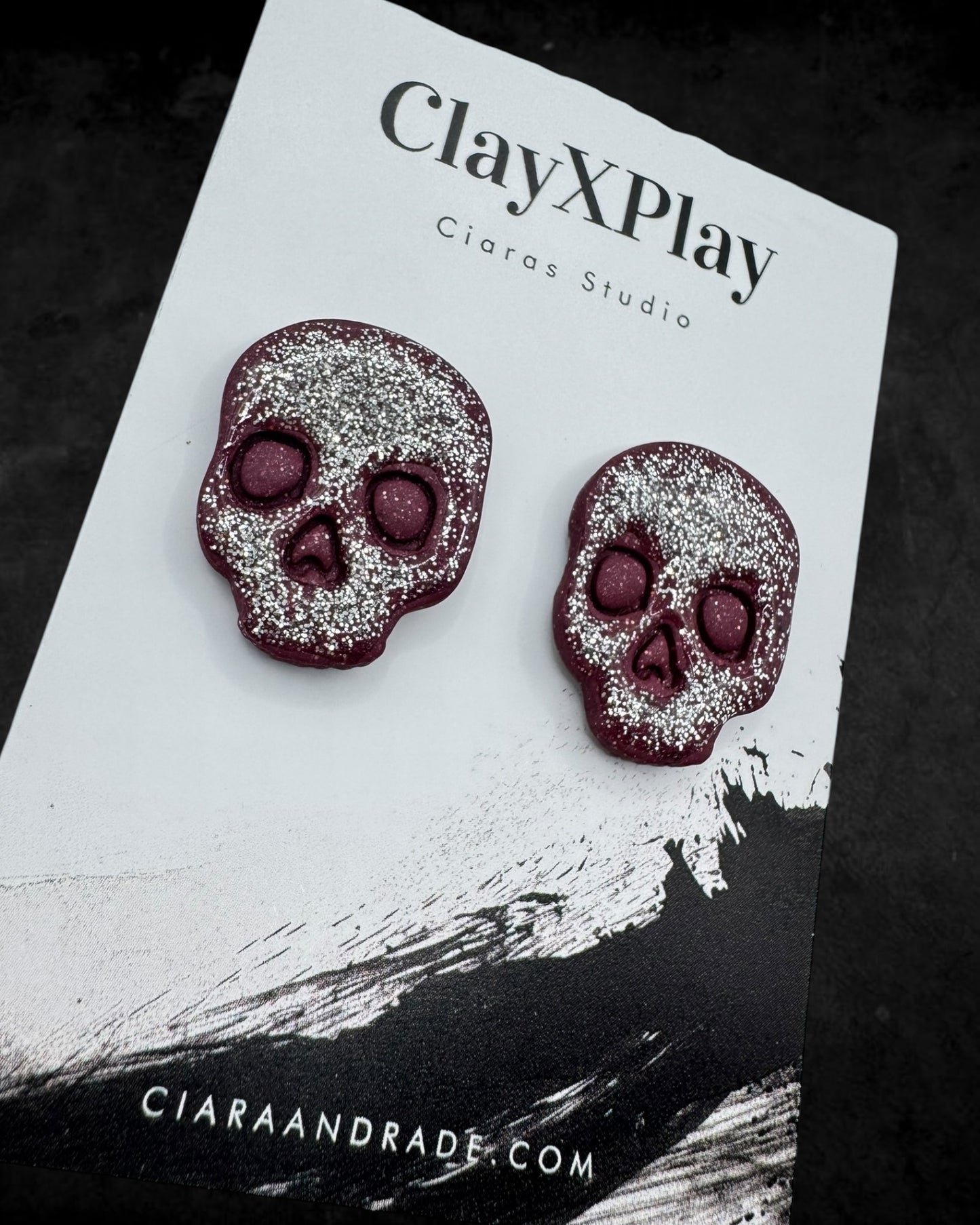 Silver Glitter Red Skull XL Polymer Clay Stud Earrings Handmade