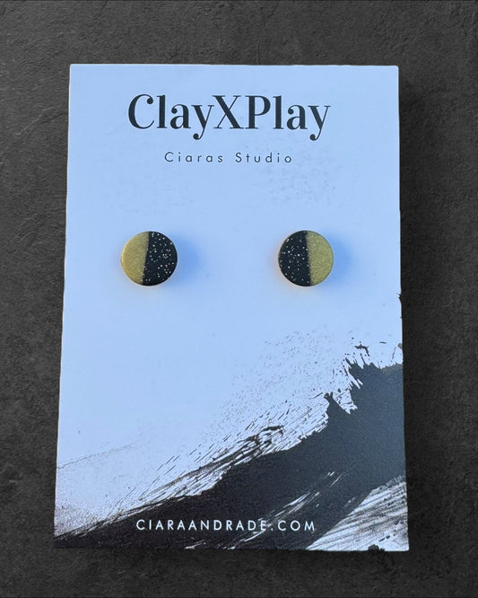 Black & Gold Mini Round Polymer Clay Stud Earrings Handmade