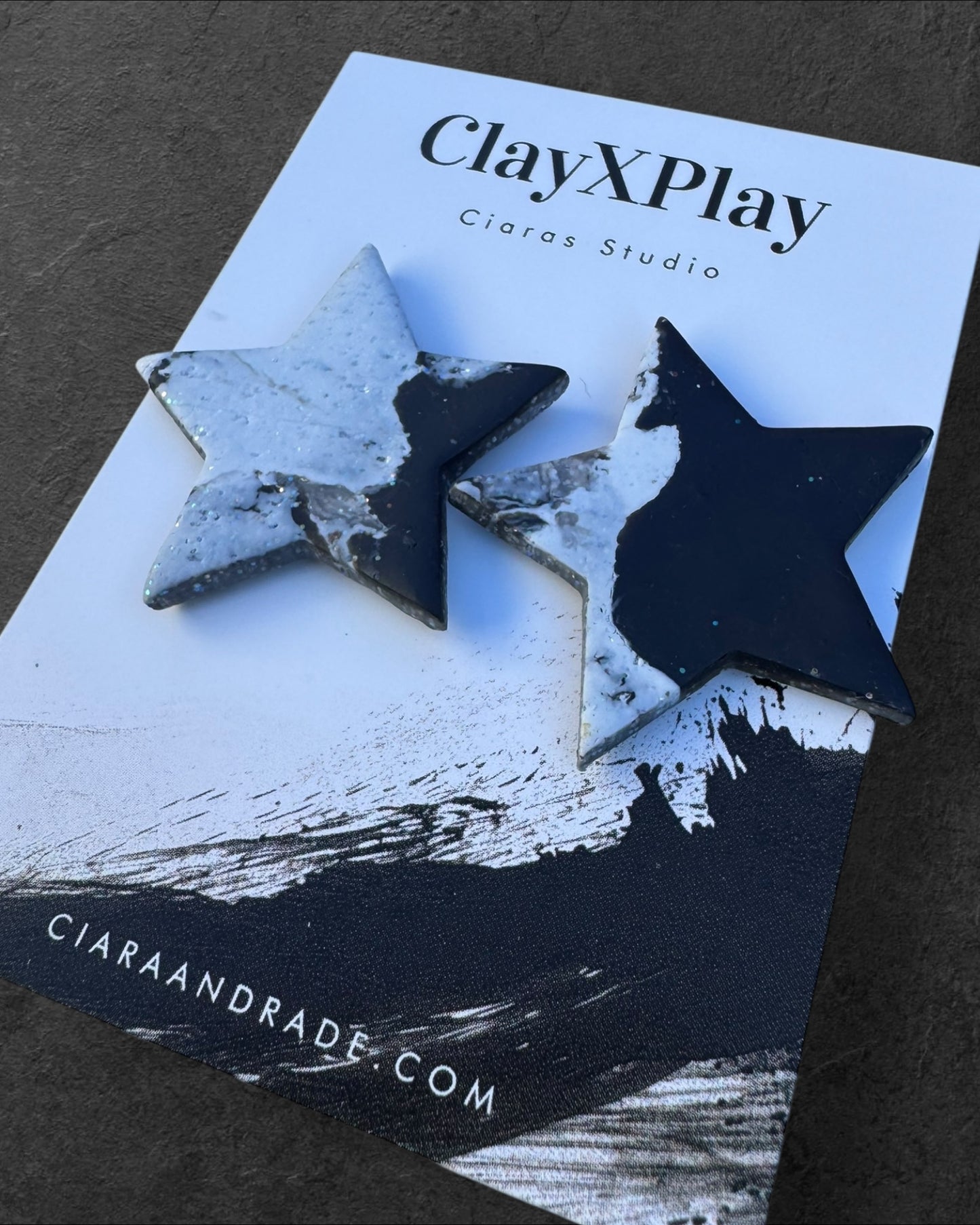 Black & White Marbled Star Polymer Clay XL Stud Earrings Handmade