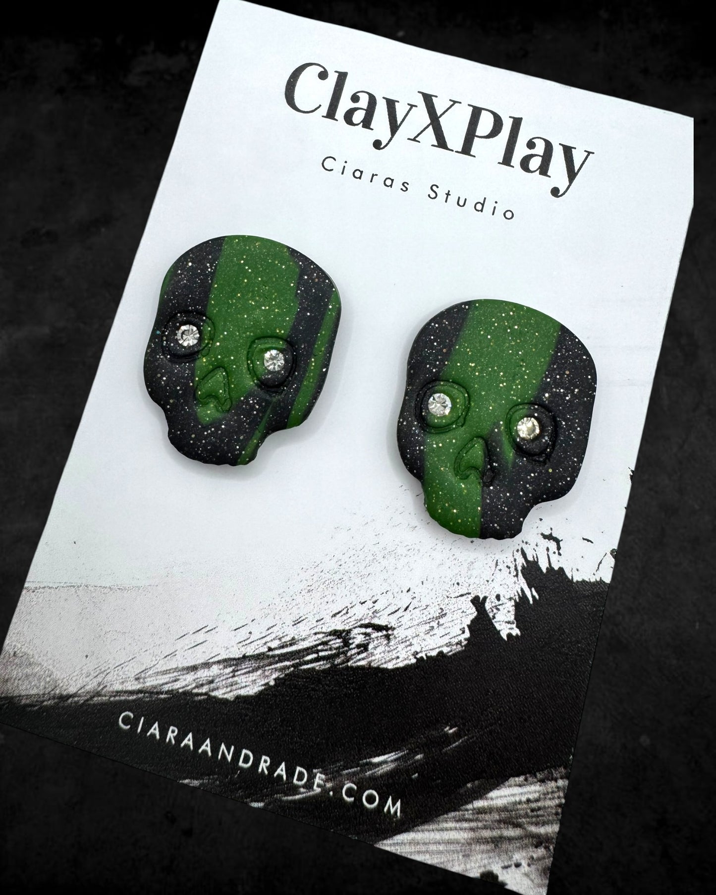 Diamond Eye Skull Black & Green Marbled XL Polymer Clay Stud Earrings Handmade