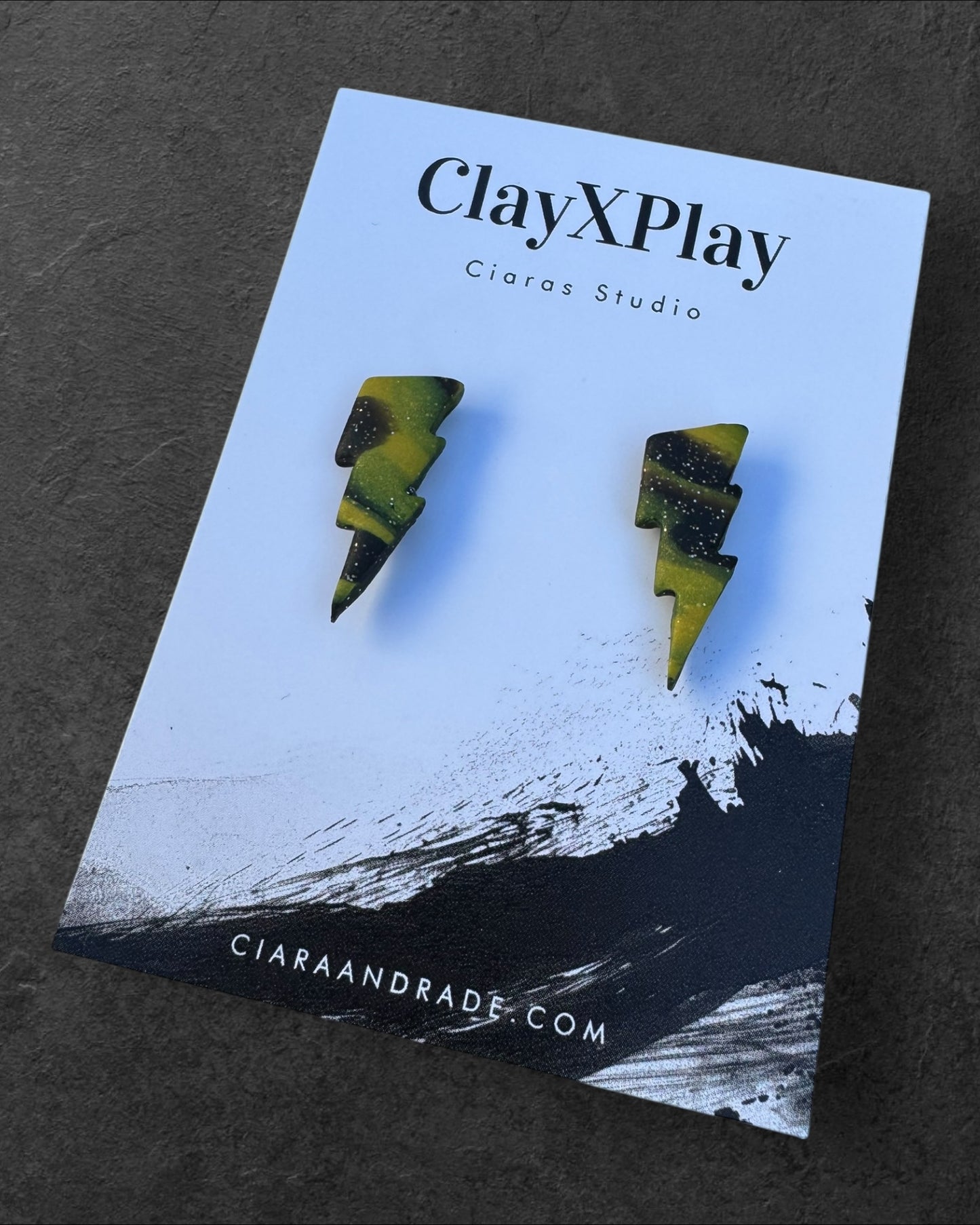 Lightning Bolt Black & Yellow Small Polymer Clay Stud Earrings Handmade