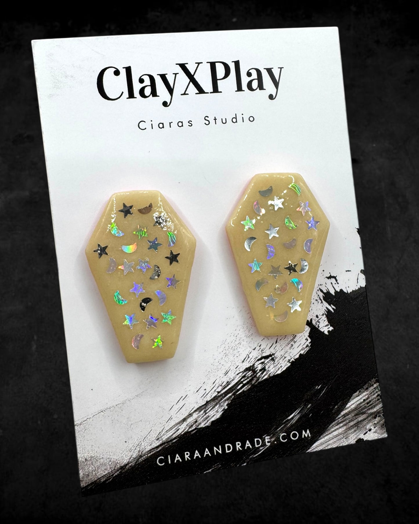 Coffin Glow In The Dark Starry Night Yellow Polymer Clay Stud Earrings Handmade