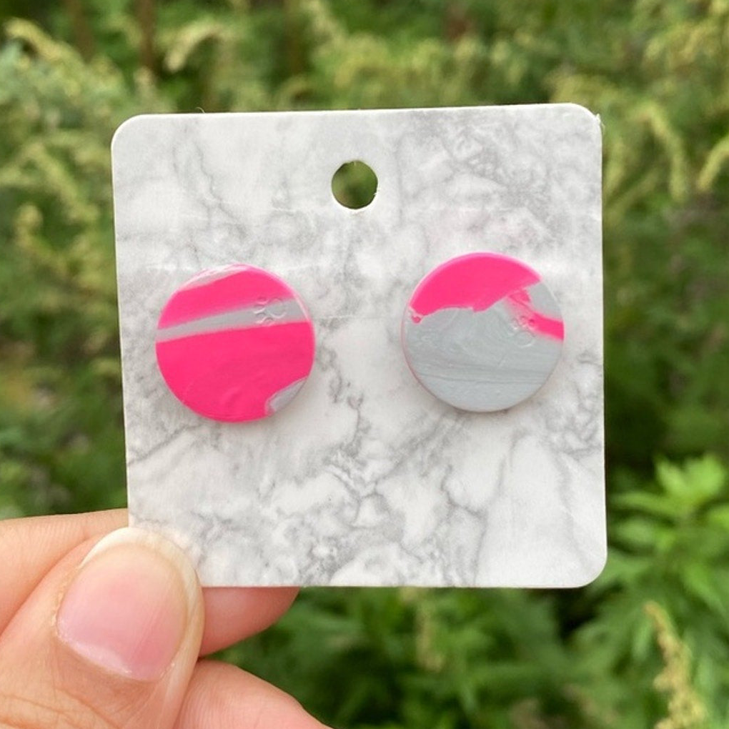 Pink & Gray Round Handmade Polymer Clay Stud Earrings