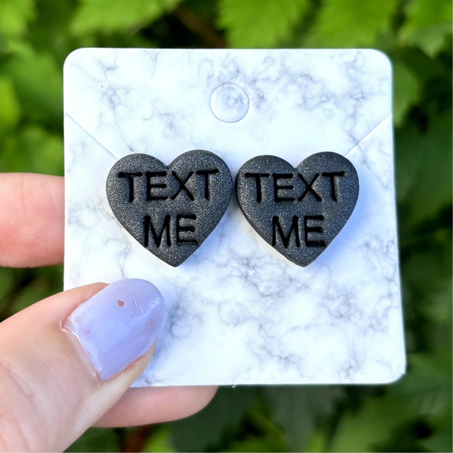 Conversation Heart TEXT ME Valentines Day Medium Black Polymer Clay Heart Stud Earrings – Handmade