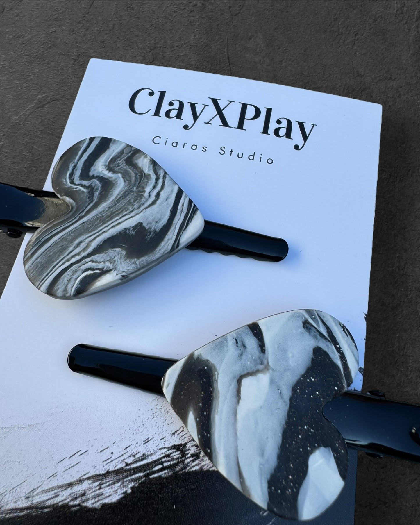 Marbled Black & White Polymer Clay Heart Hair 2 Clip Handmade Hair Accessory