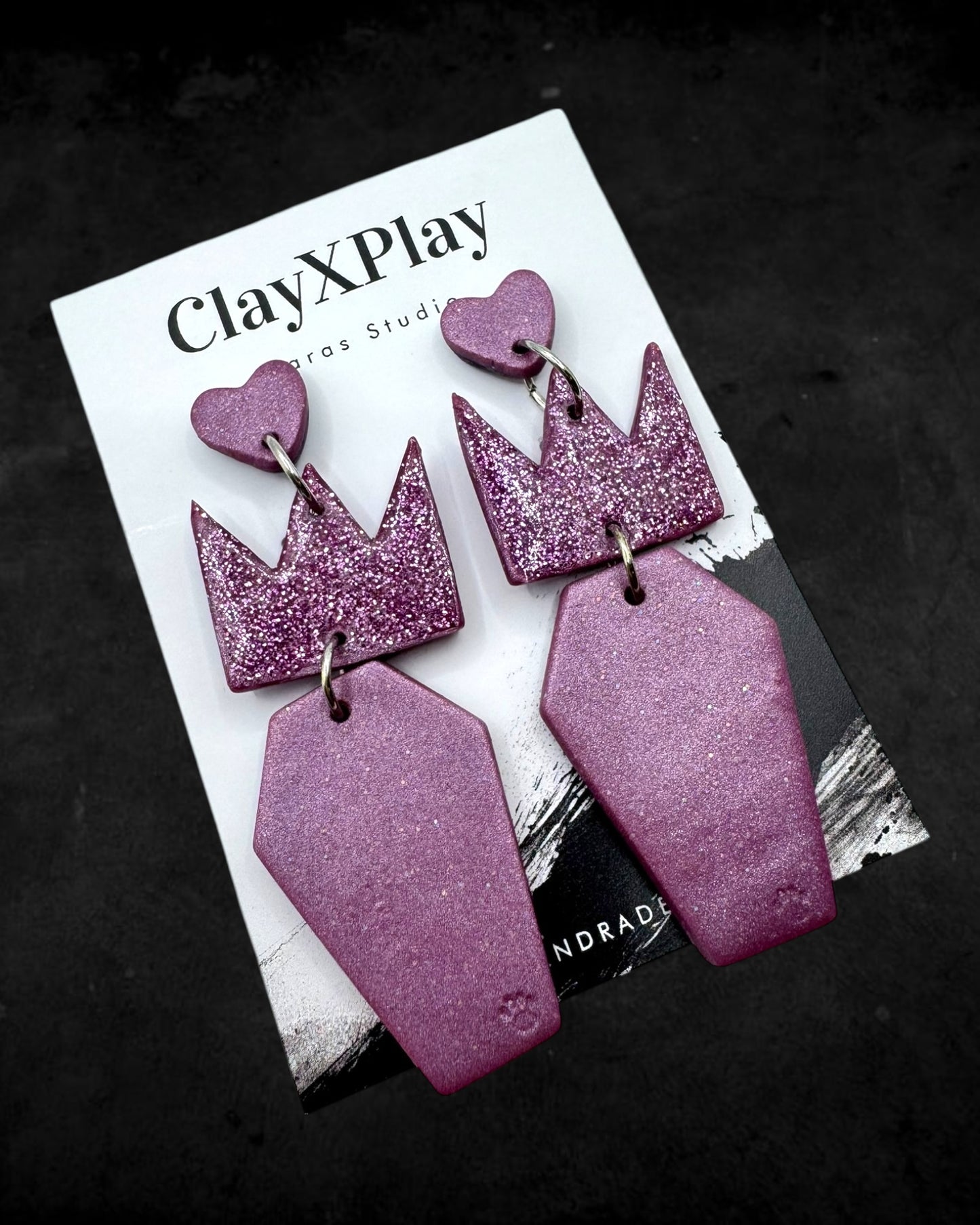 Queen Of The Dead Purple Polymer Clay Heart Coffin Stud Earrings Handmade
