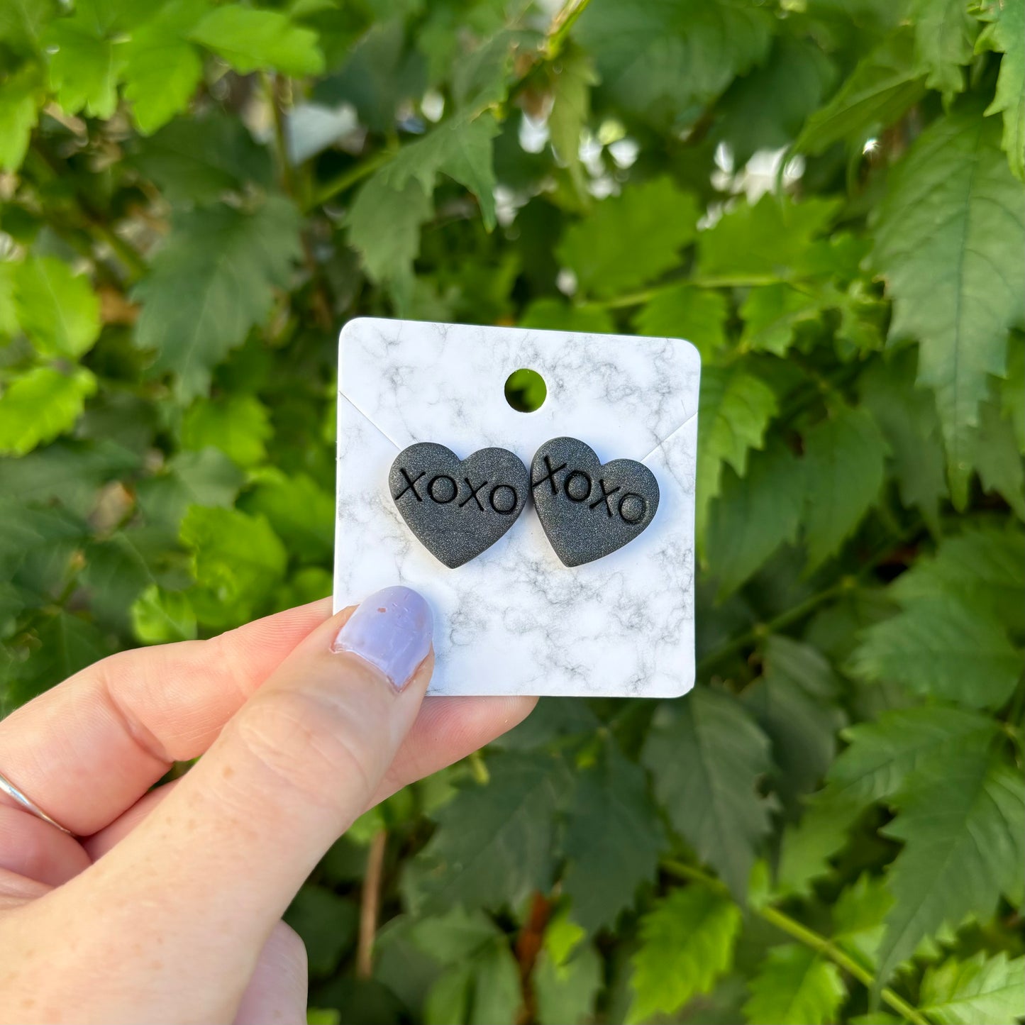 Conversation Heart XOXO Valentine’s Day, Medium Black Polymer Clay Stud Earrings Handmade