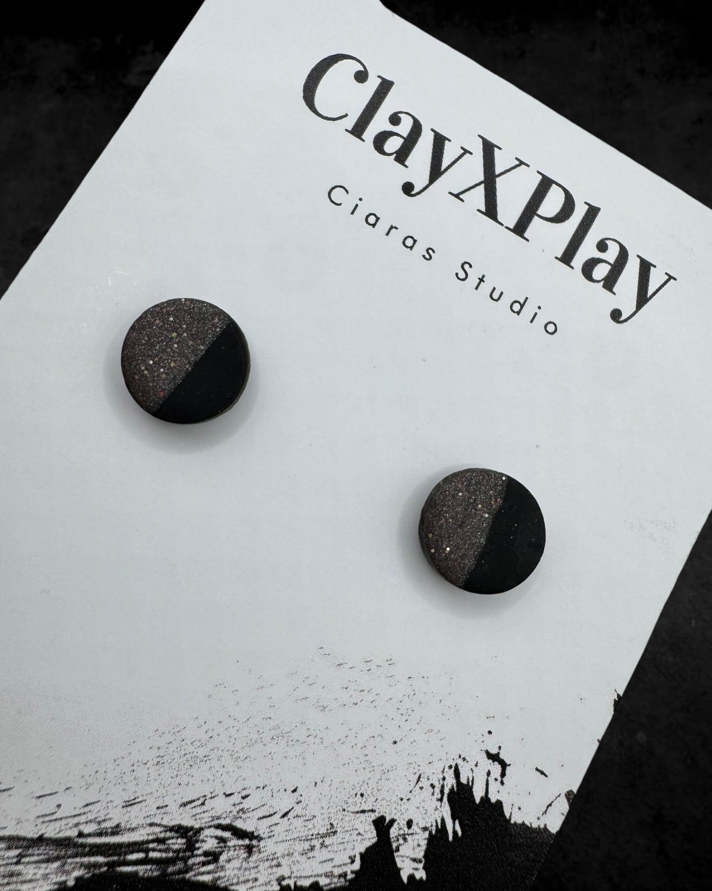 Black & Gray Mini Round Polymer Clay Stud Earrings Handmade