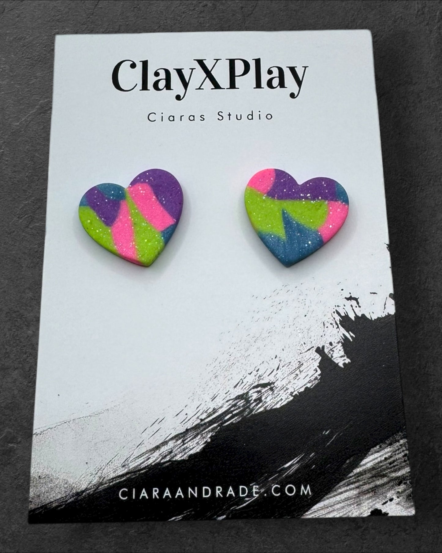 Multi Color‎ Purple Green Blue Heart Clay Stud Earrings Handmade Handcrafted