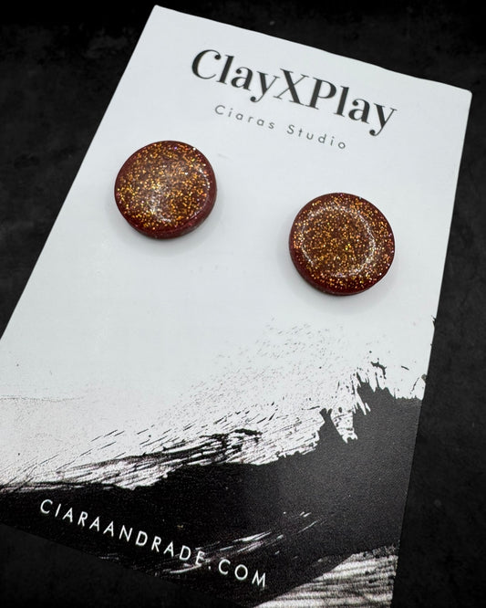 Red Bronze Glitter Large Round Polymer Clay Stud Earrings Handmade